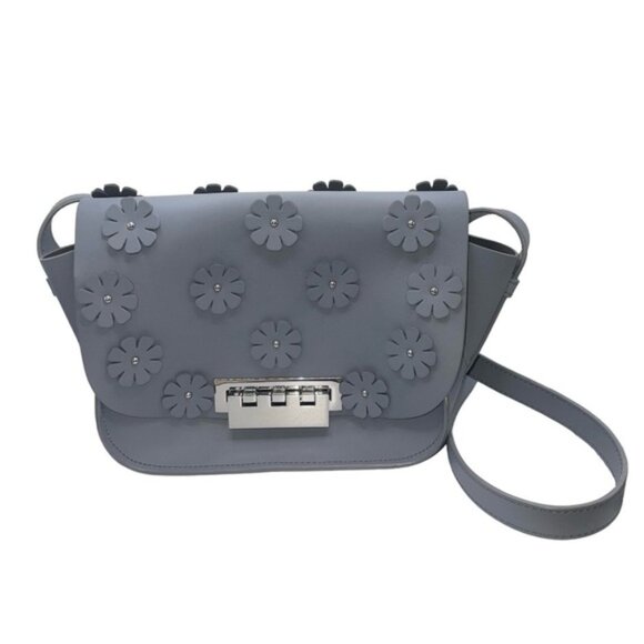 ZAC Zac Posen Crossbody Bag Slate Blue Grey Leather Flowers Handbag Purse Silver - Picture 1 of 14